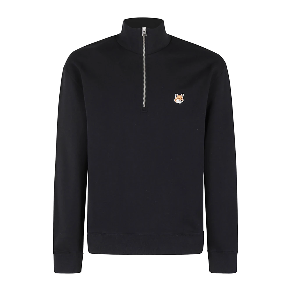 Maison Kitsuné Komfortabel halv zip sweatshirt med rävhuvud patch Black, Herr