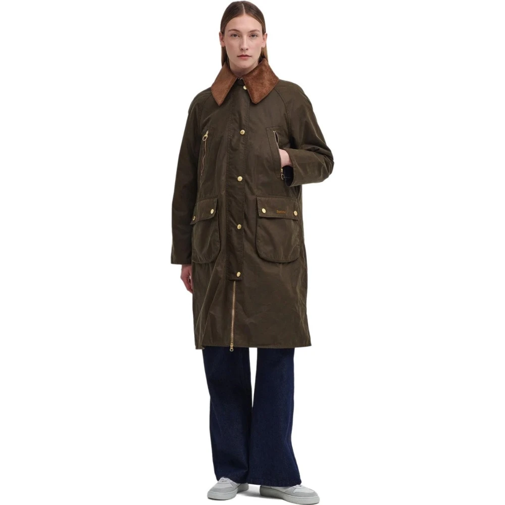 Barbour Groene gewaxte katoenen lange jas Green Dames