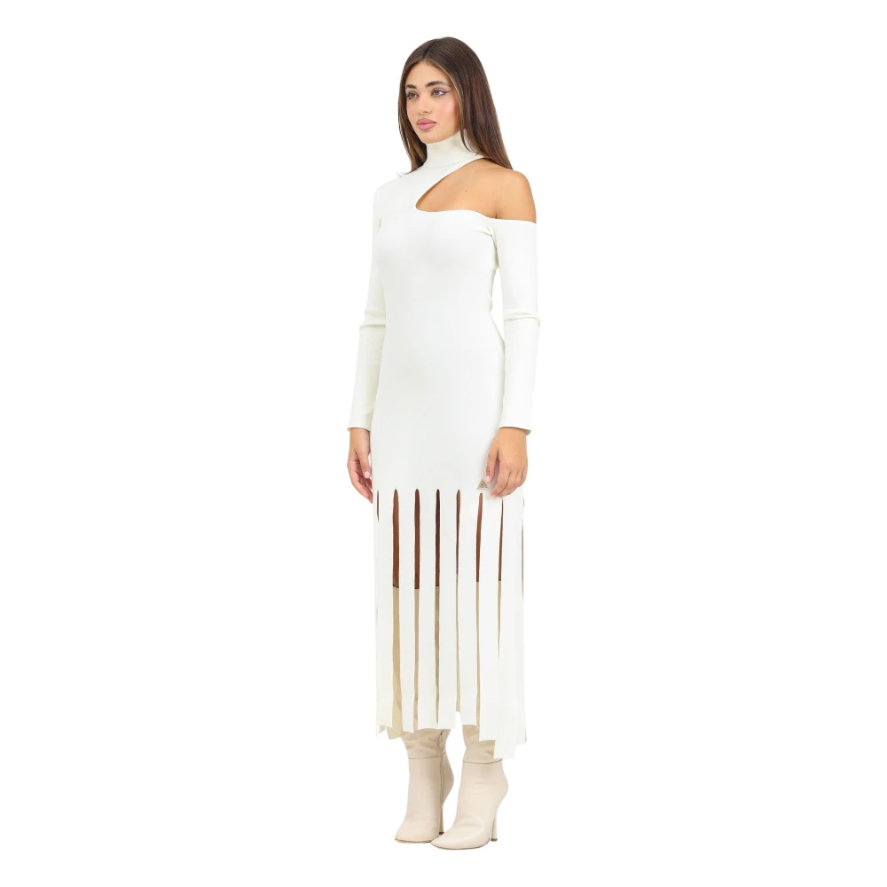 Akep Crème Gebreide Midi Jurk met Schouder Cut Out en Franje Detail Beige Dames