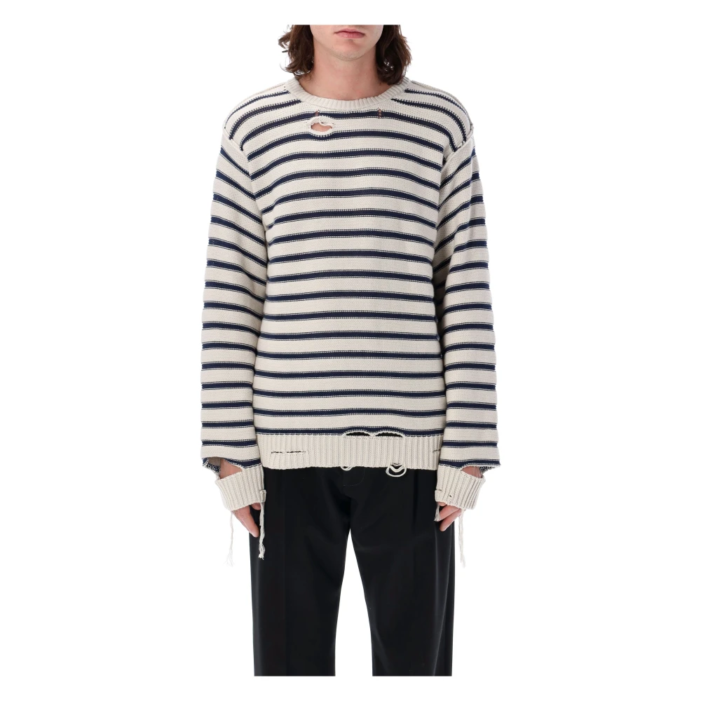 MM6 Maison Margiela Distressed Striped Sweater Gebreide Kleding Navy Beige Heren