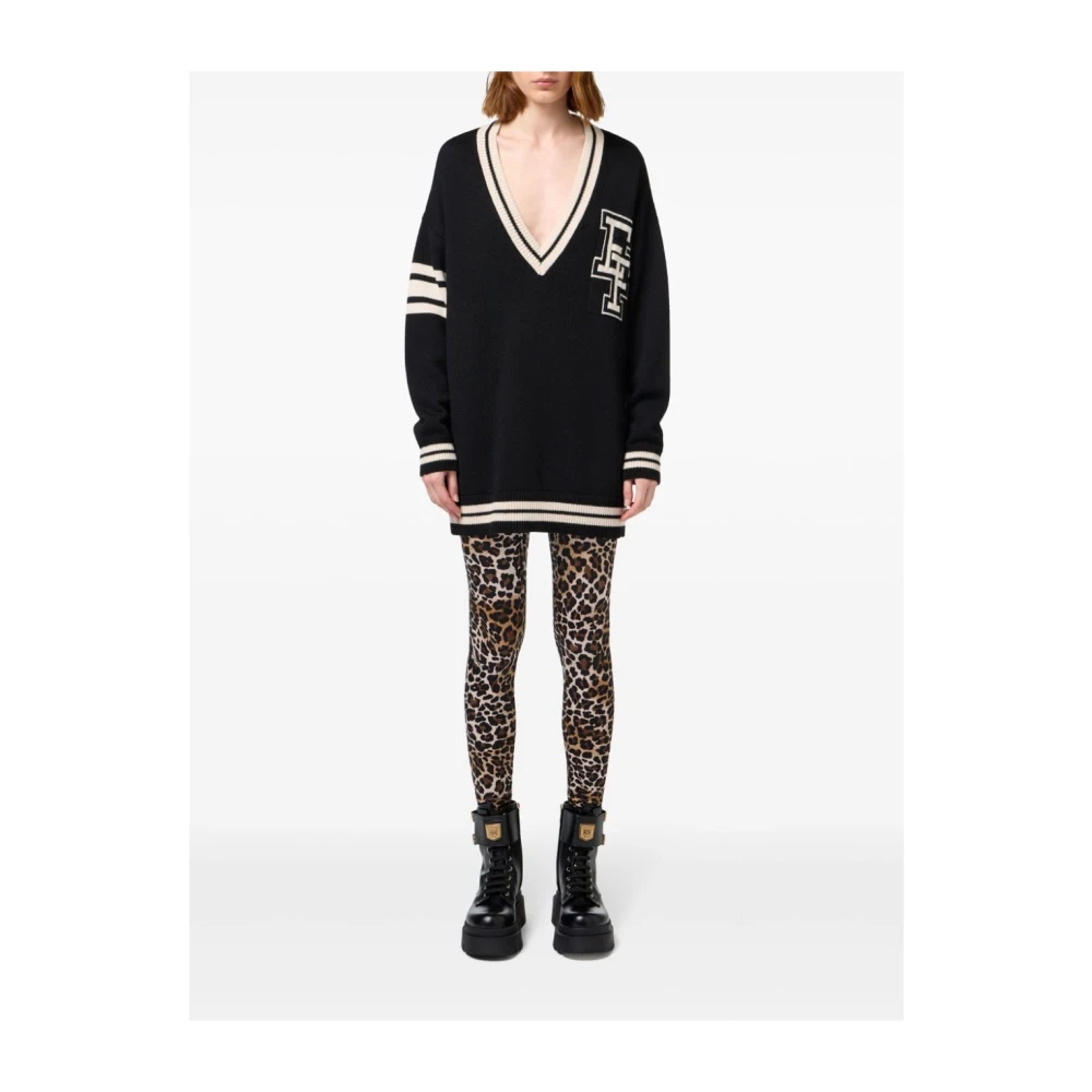 Elisabetta Franchi Jacquard V-Hals Wol Minijurk Black Dames