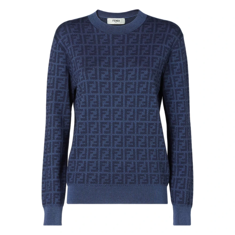 Fendi Women's Blue Round-Neck Knitwear, S, Ff Wool And Silk Jumper