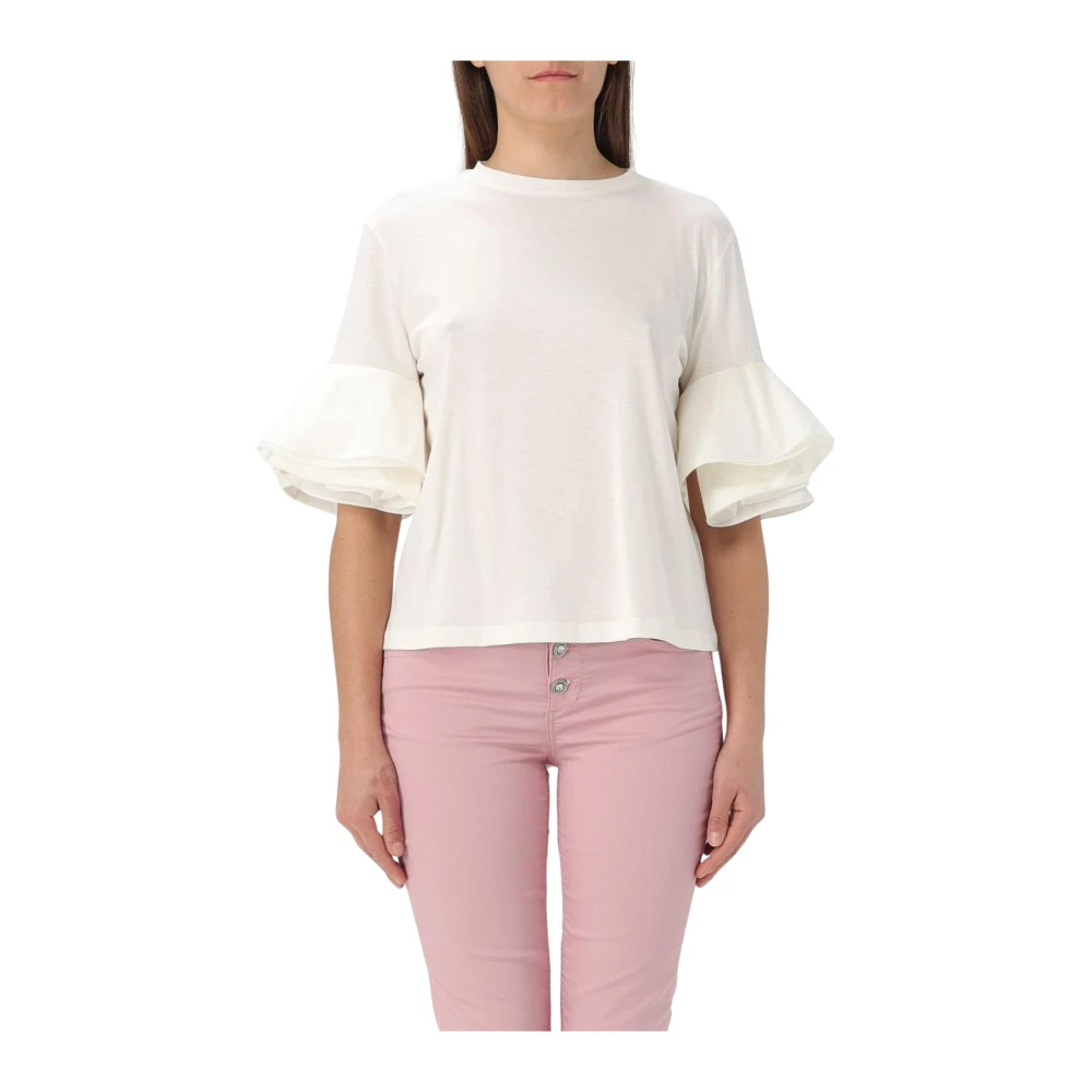 Liu Jo Women's White Ruffle Sleeve Black T-Shirt Extra Small
