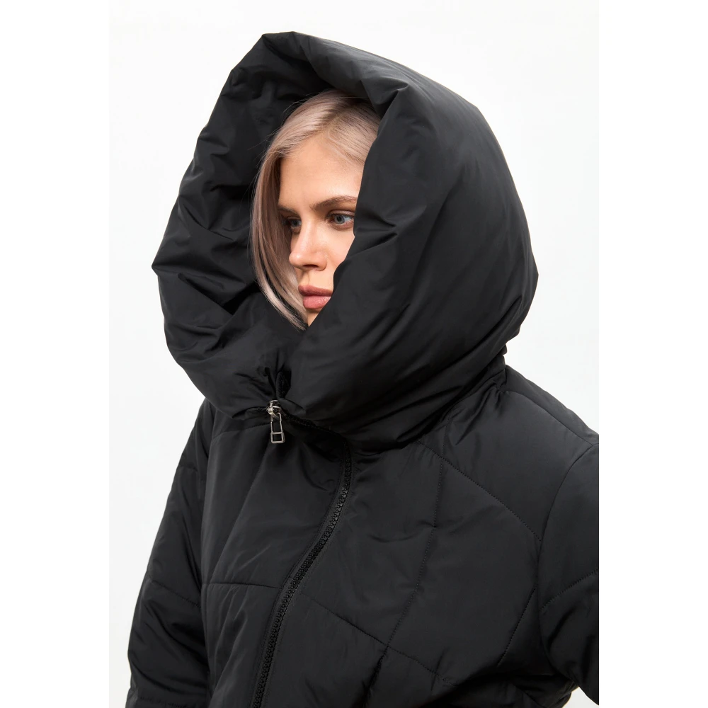 Cesare Gaspari Oversized gewatteerde jas met capuchon en nepbont manchetten Black Dames