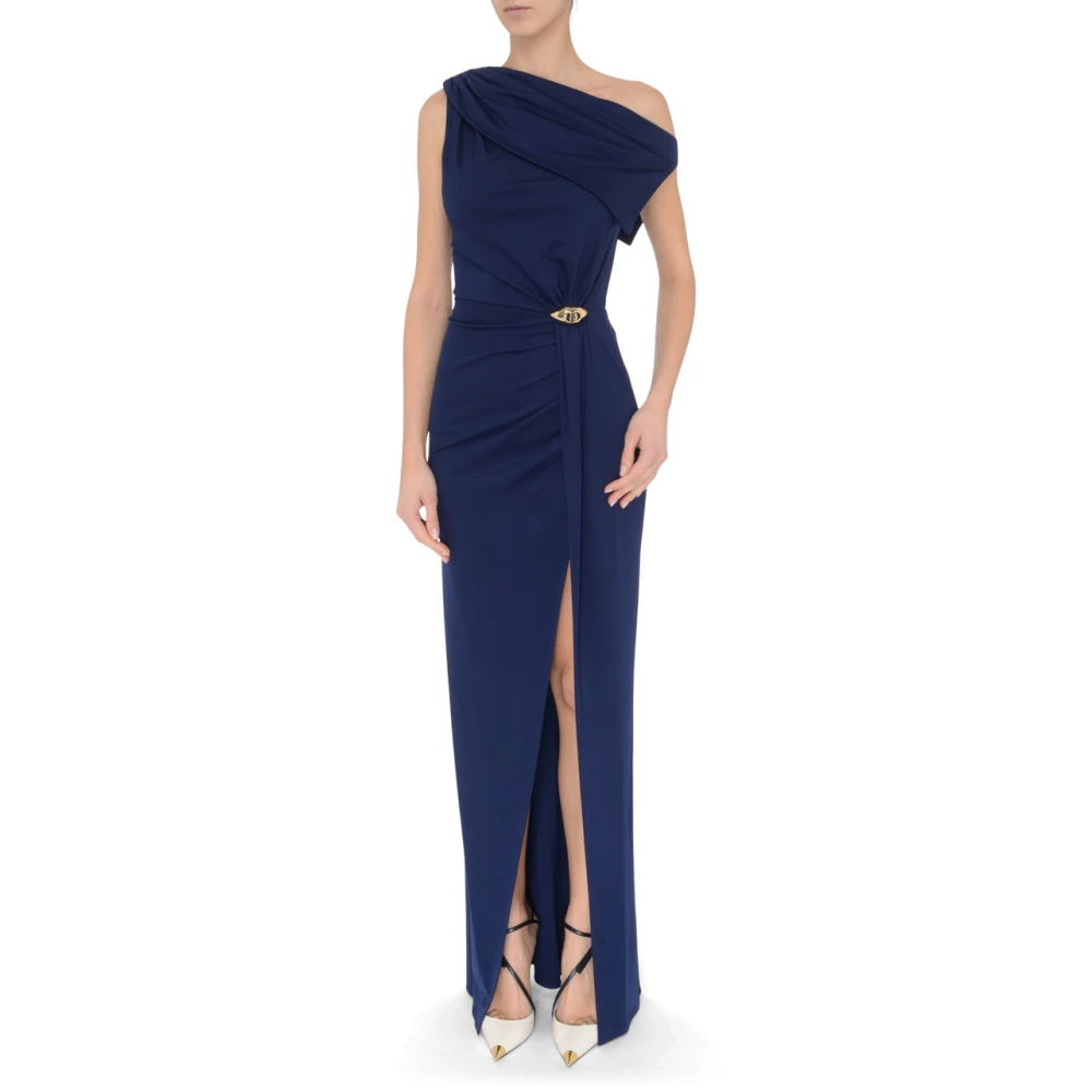 Elisabetta Franchi Blauwe Jersey Avondjurk met Asymmetrische Halslijn en Zijsplit Blue Dames