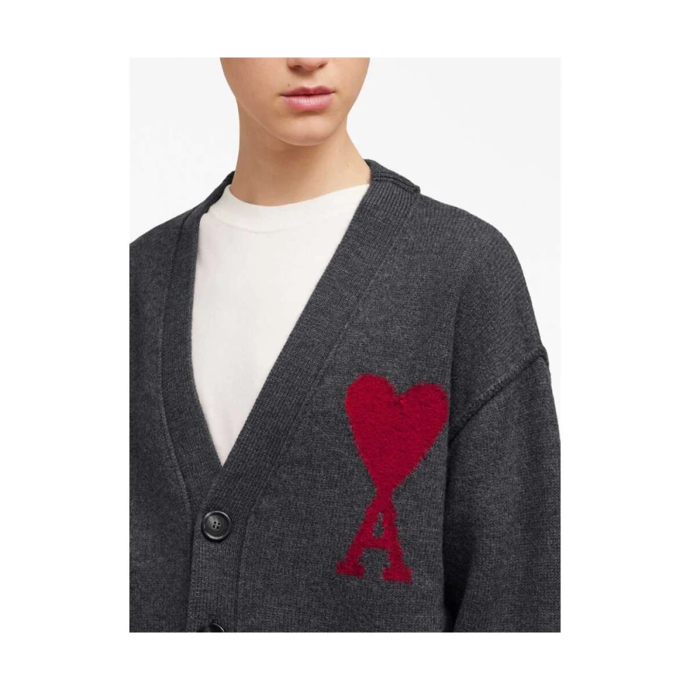 Ami Paris Grijze Wollen Gebreide V-Hals Trui Gray Dames