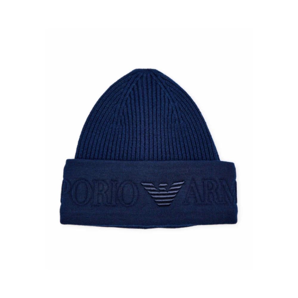 Emporio Armani Unisex Blue Wool Beanie With Logo Brim