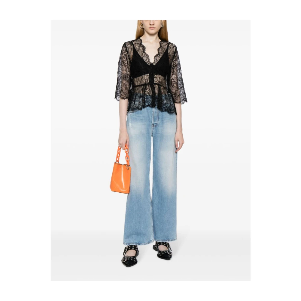 Ganni Kanten V-hals Blouse Black Dames