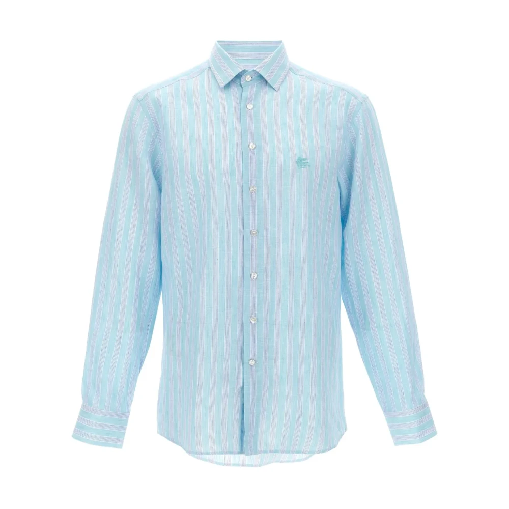 ETRO Lichtblauw Linnen Gestreept Overhemd Blue Heren