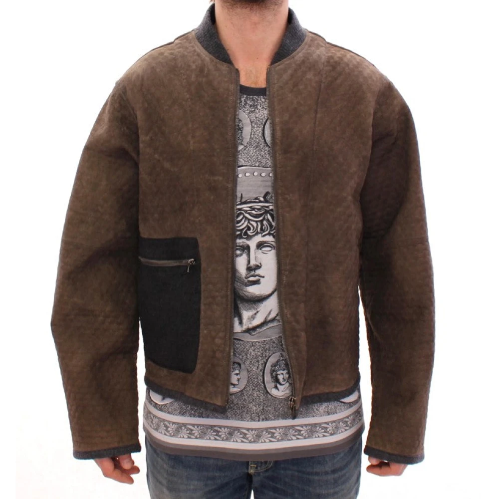 Dolce & Gabbana Elegante Leren en Wollen Jas Brown Heren