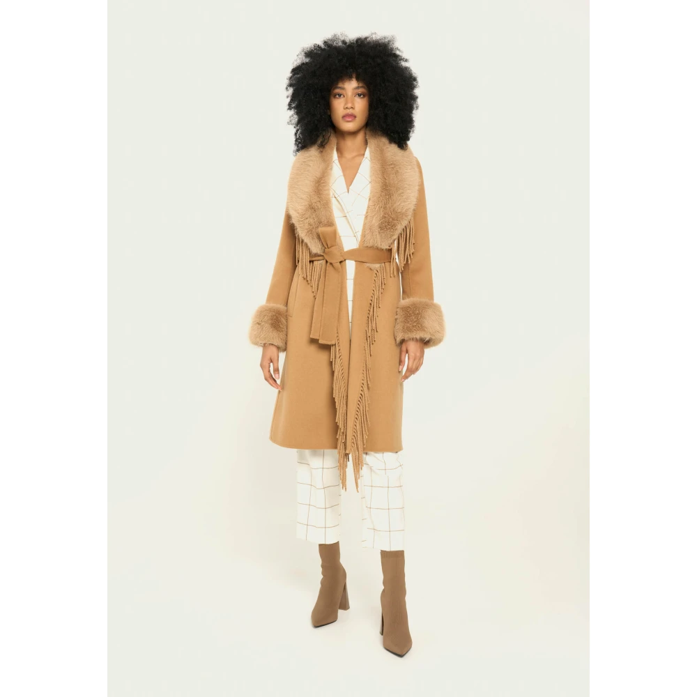 Vicario Cinque Wollen jas met afneembare nepbont Brown Dames