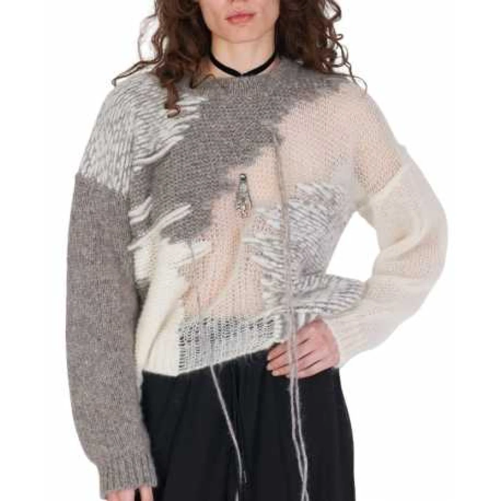 Isabel Benenato Gebreide trui met ronde hals en patchwork in Ecru Taupe Multicolor Dames