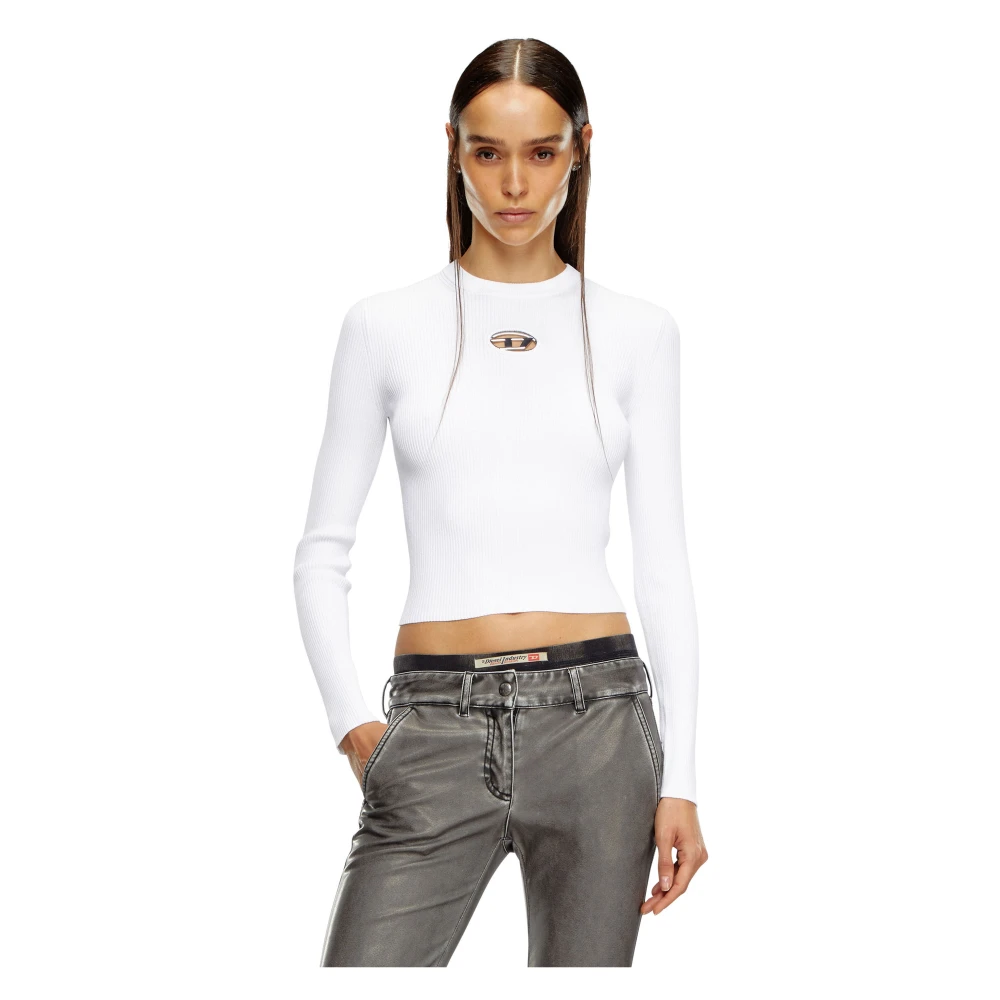 Diesel Geribbeld viscose blend top met Oval-D White Dames