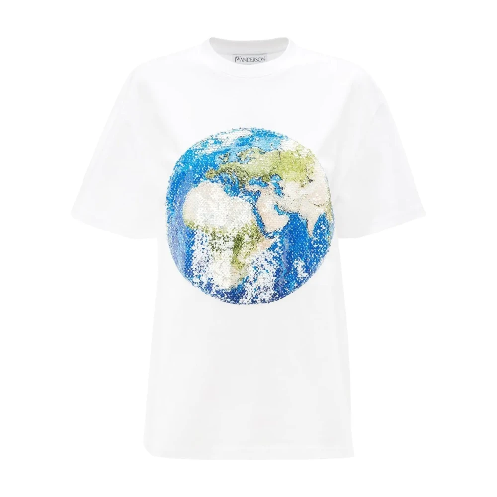 JW Anderson Pailletten Globe T-Shirt White Dames