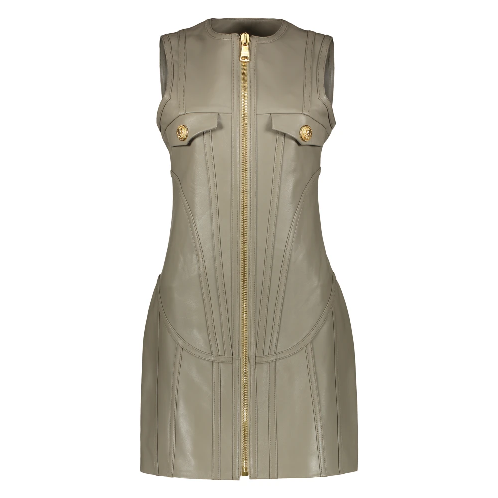 Balmain Mini Leren Jurk met Versierde Knopen Green Dames