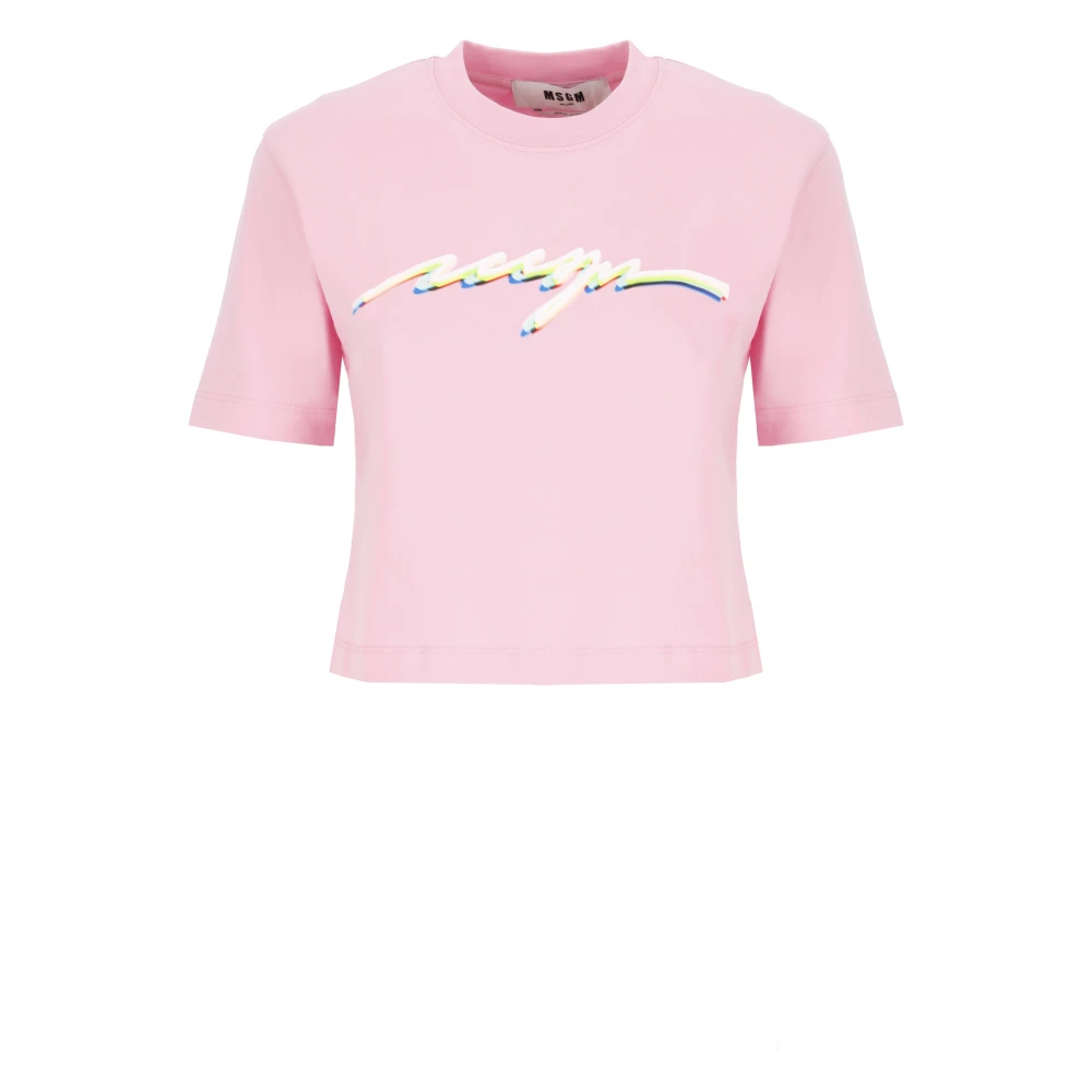 Msgm Roze Katoenen T-shirt Ronde Hals Logo Pink Dames