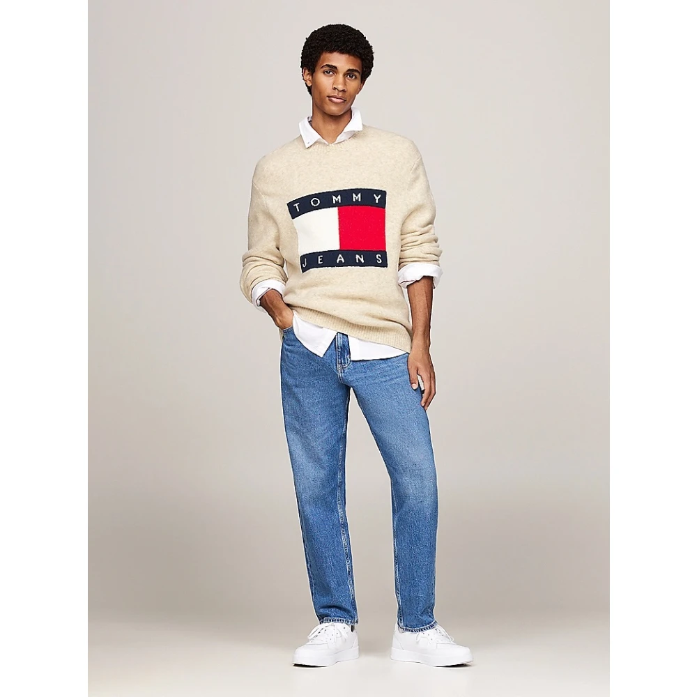 Tommy Jeans Melange Flag Sweater Regular Fit Beige Heren