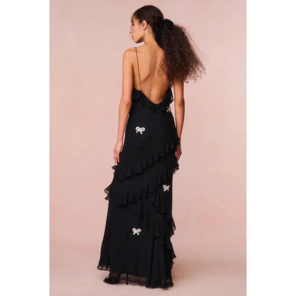 Loveshackfancy Maxi Zijden Jurk met Kristalboogversiering Black Dames