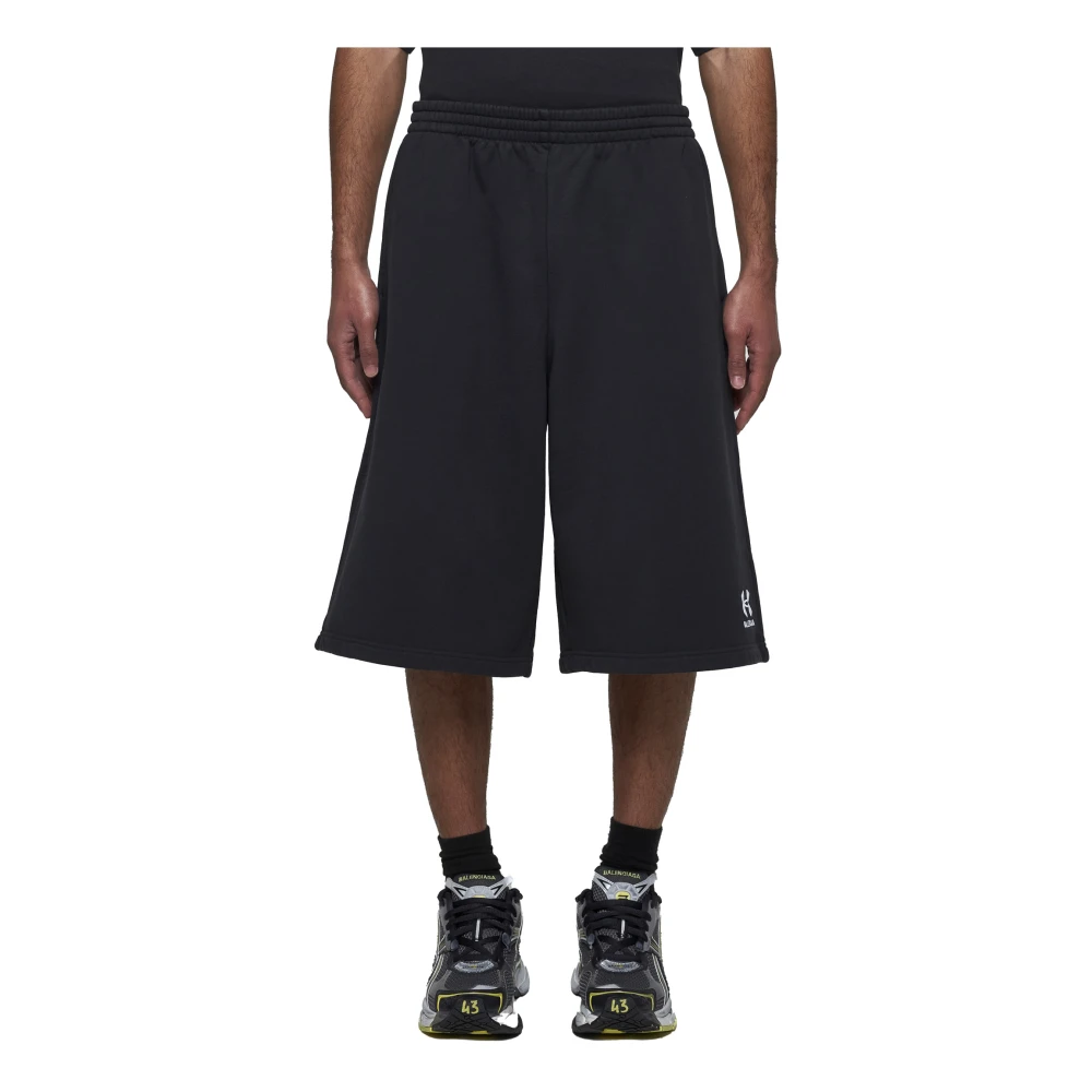 Balenciaga Zwarte Katoenen Shorts met Witte Logo's Black Heren