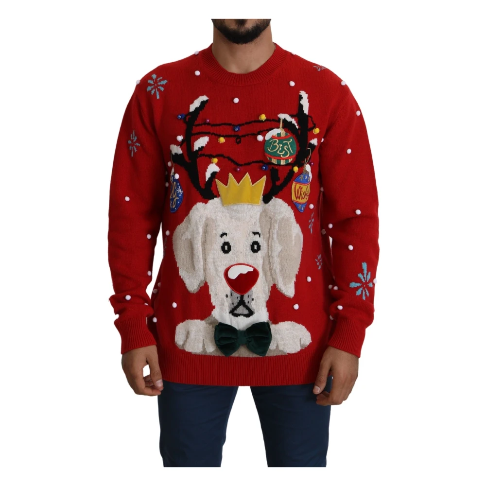 Dolce & Gabbana Men's Red Christmas Crew Neck Cashmere Jumper Extra Small