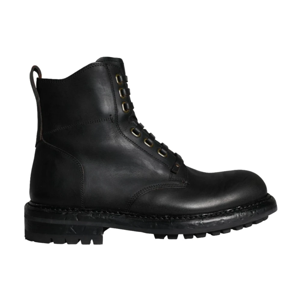 Dolce & Gabbana Lace-Up Boots, Male, 6 Uk, Leather High-Top Combat Boots Black