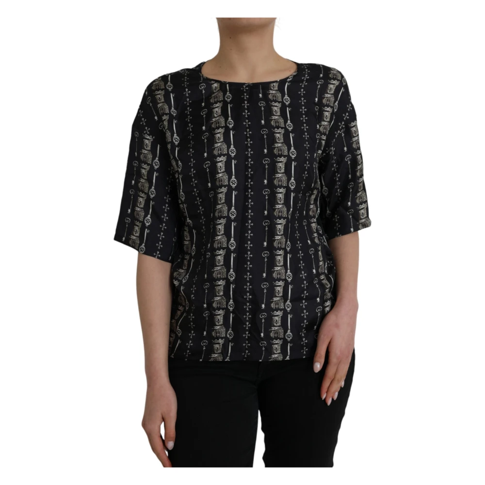 Dolce & Gabbana Zwarte zijden blouse T-shirt met sleutelhanger Black Dames