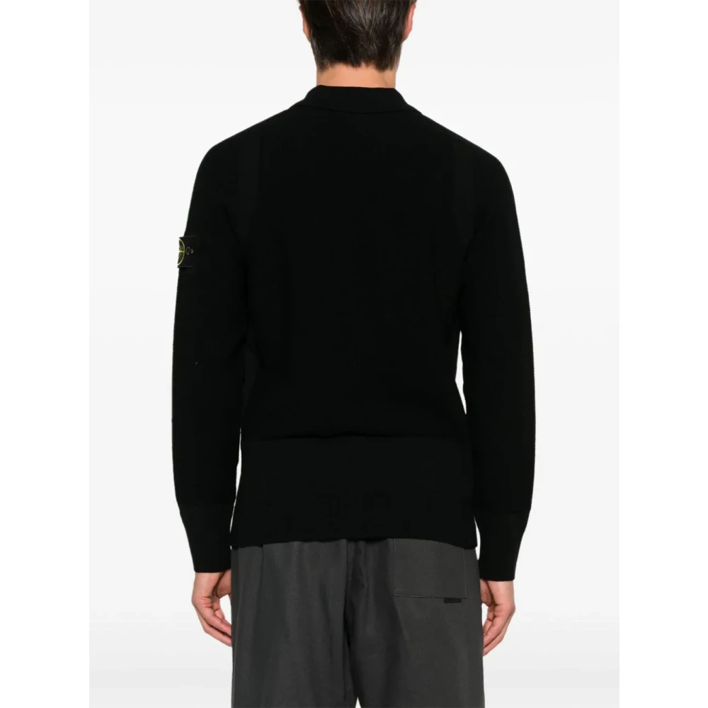 Stone Island Zwarte Wol Polo Rits Trui Black Heren
