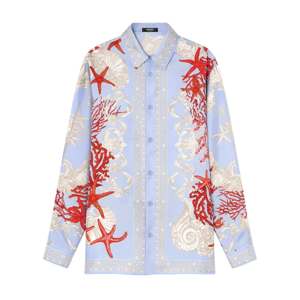 Versace Blauw Zee Motief Knoopshirt Blue Heren