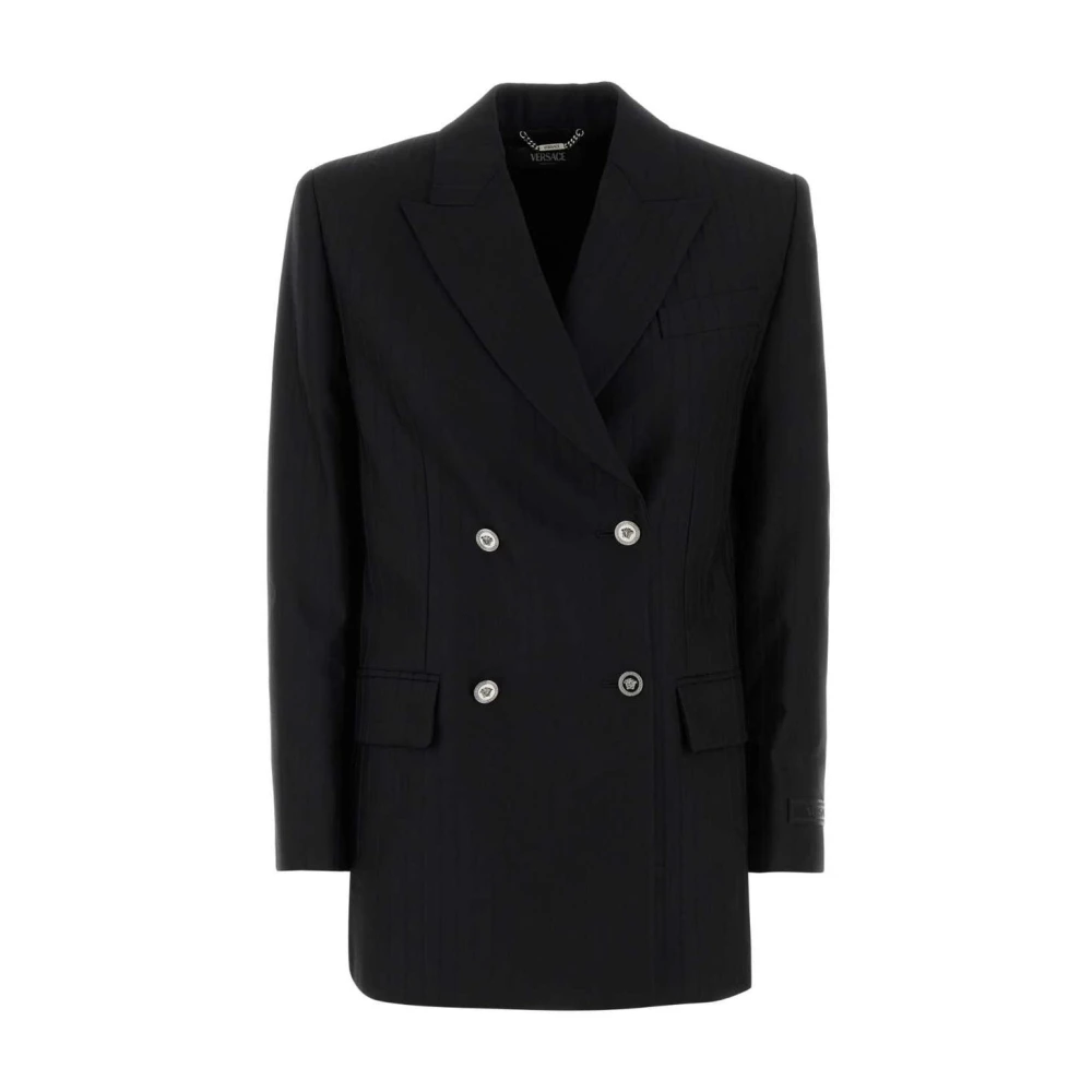 Versace Women's Black Blazers, S, Pinstripe Double-Breasted Blazer