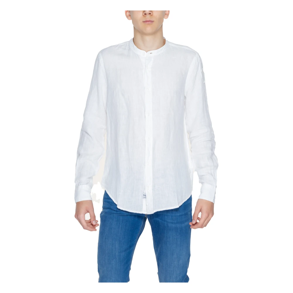 Blauer Witte Linnen Mandarin Kraag Shirt White Heren