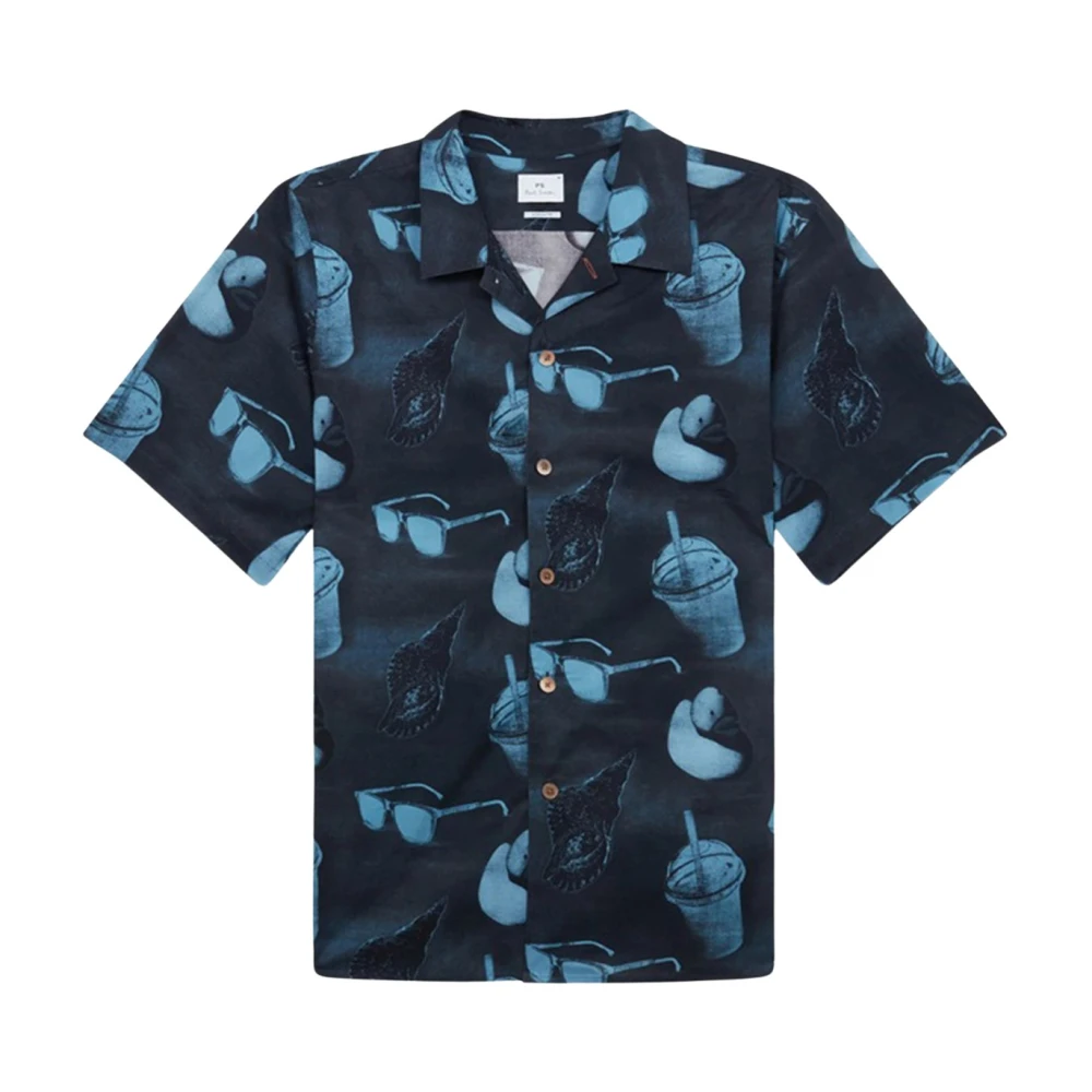 Paul Smith Men's Blue Sunbleached Snaps Poplin Short Sleeve Shirt - Short Sleeve Shirts - Xl - Shirts