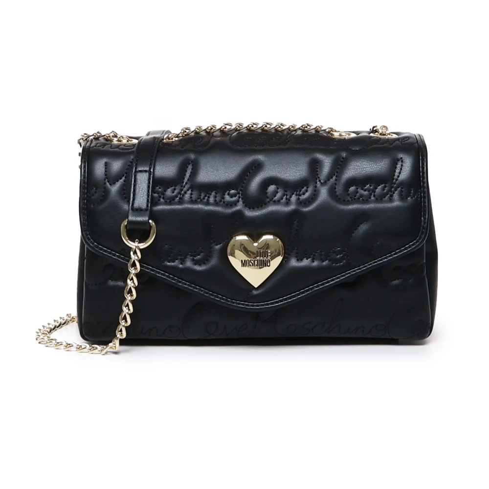 Love Moschino Zwarte Ecoleather Schoudertas Flap Sluiting Black Dames