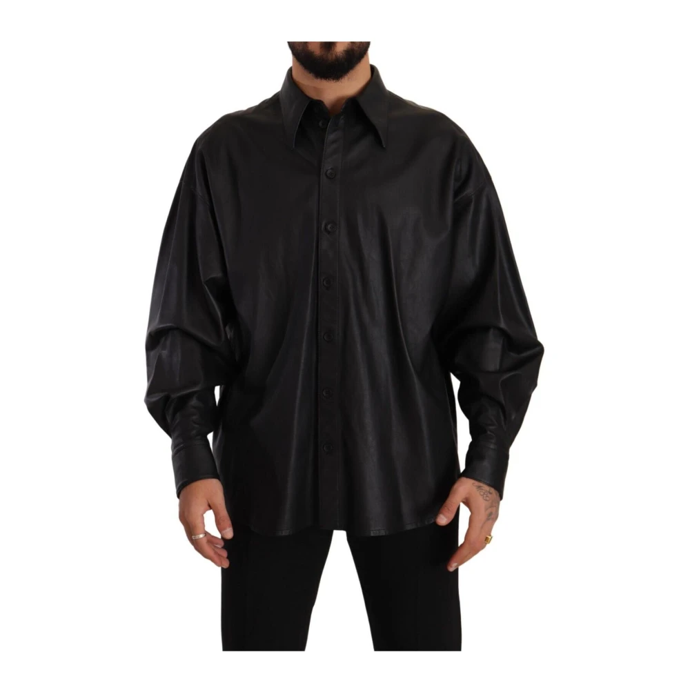 Dolce & Gabbana Men's Black Leather Button Down Collared Jacket