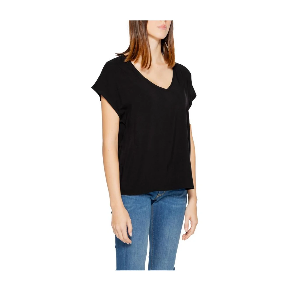 Jacqueline de Yong Zwarte Viscose V-hals T-shirt Black Dames