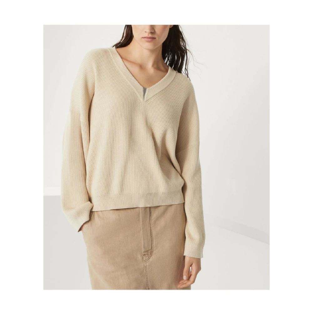 BRUNELLO CUCINELLI V-hals Gebreide Trui Beige Dames