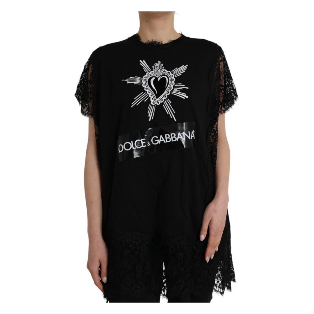 Dolce & Gabbana , T-Shirts, Female, Black, M, Black Lace T-Shirt With Sacred Heart Print