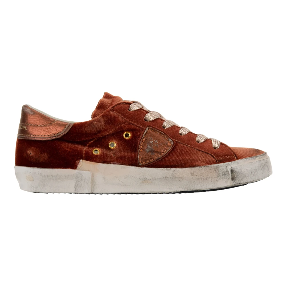 Philippe Model Women's Orange Velvet Lace-Up Sneakers With Suede Details
