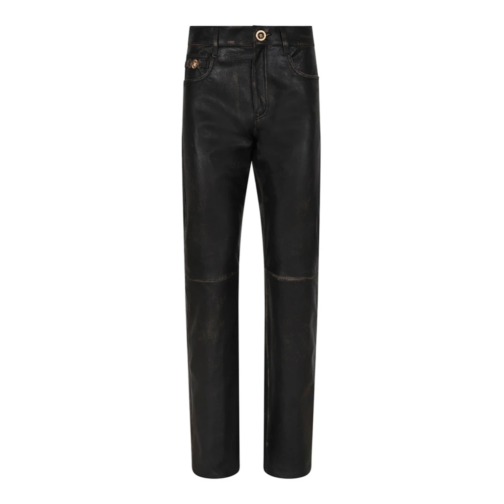 Versace Men's Black Slim Fit Jeans, S, Distressed Leather Trousers