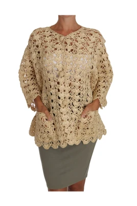 Beige Virkad Stickad Raffia Kofta