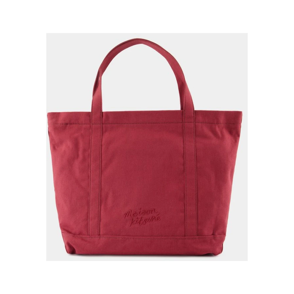Maison Kitsuné Rode Leren Shopper Tas met Canvas Riem Red Dames