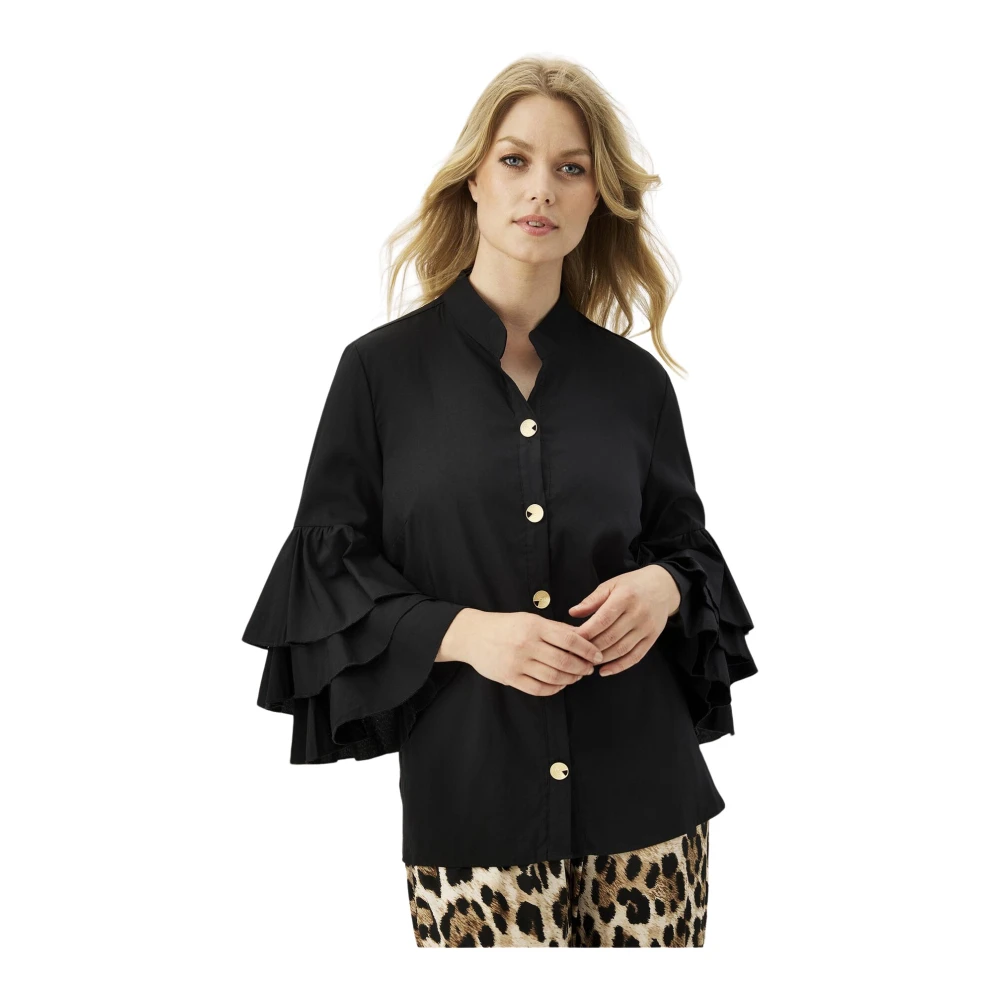 IN Front Elegante Zwarte Blouse met Gouden Knopen Black Dames