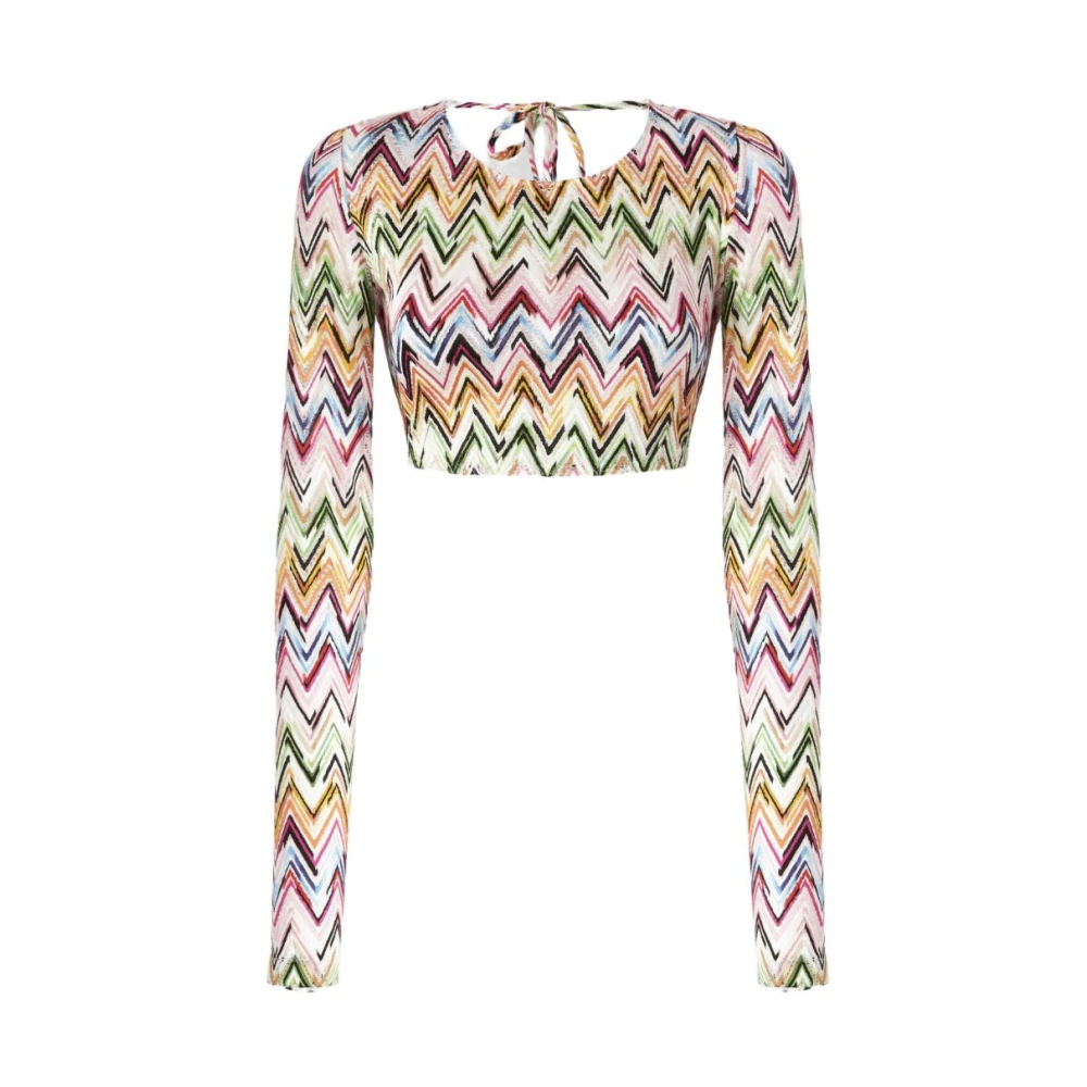 Missoni Women's Multicolor Long Sleeve T-Shirts, Xs, Crop Top In Stretch Viscose With Lace And Zigzag Motif