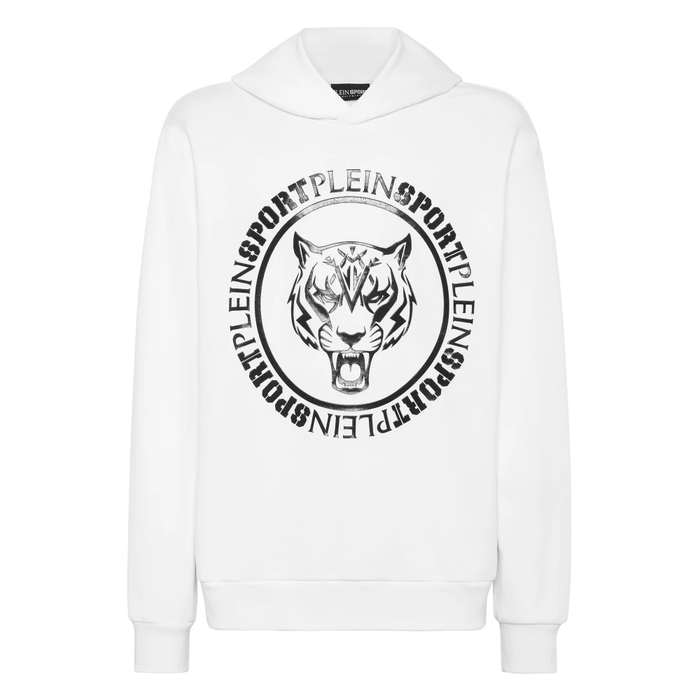 Plein Sport Men's White Hooded Sweatshirt Carbon Tiger - Long Sleeve Training Tops - L - Sport