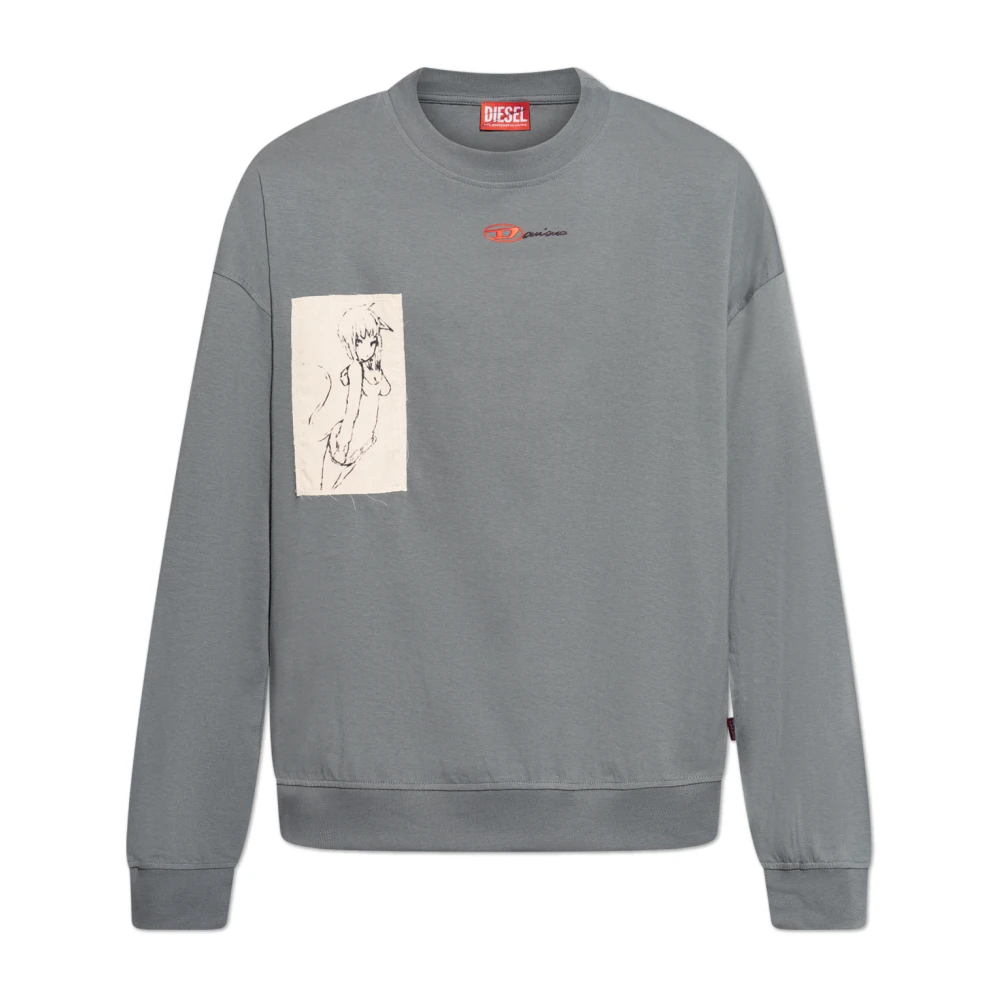 Diesel Mannelijk Grijs Hoodies & Sweatvesten Heren, S, Katoen, T-Shirt Met Lange Mouwen En Tattoo Patches