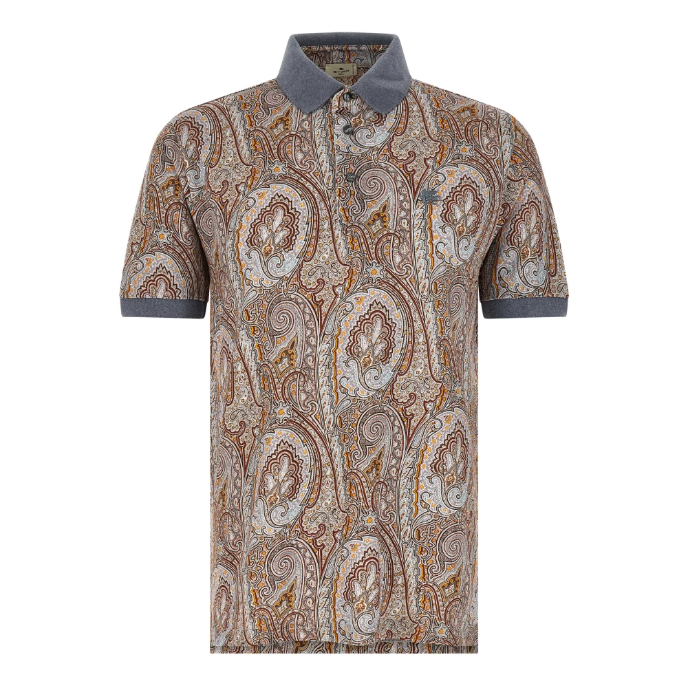 Etro Men's Multicolor Polo Shirts, Xl, Cotton Pique Polo Shirt With Arnica Motif