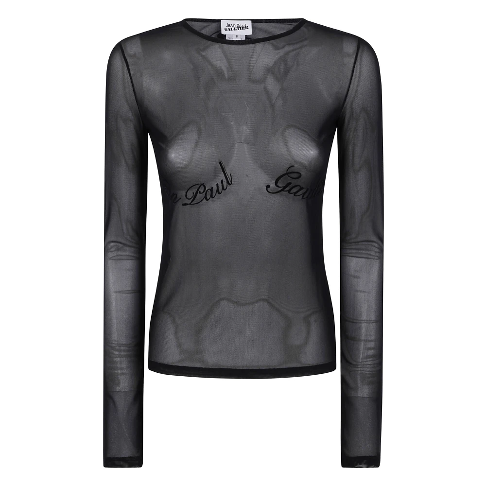 Jean Paul Gaultier Velvet Flock Mesh Longsleeve Top Black Dames