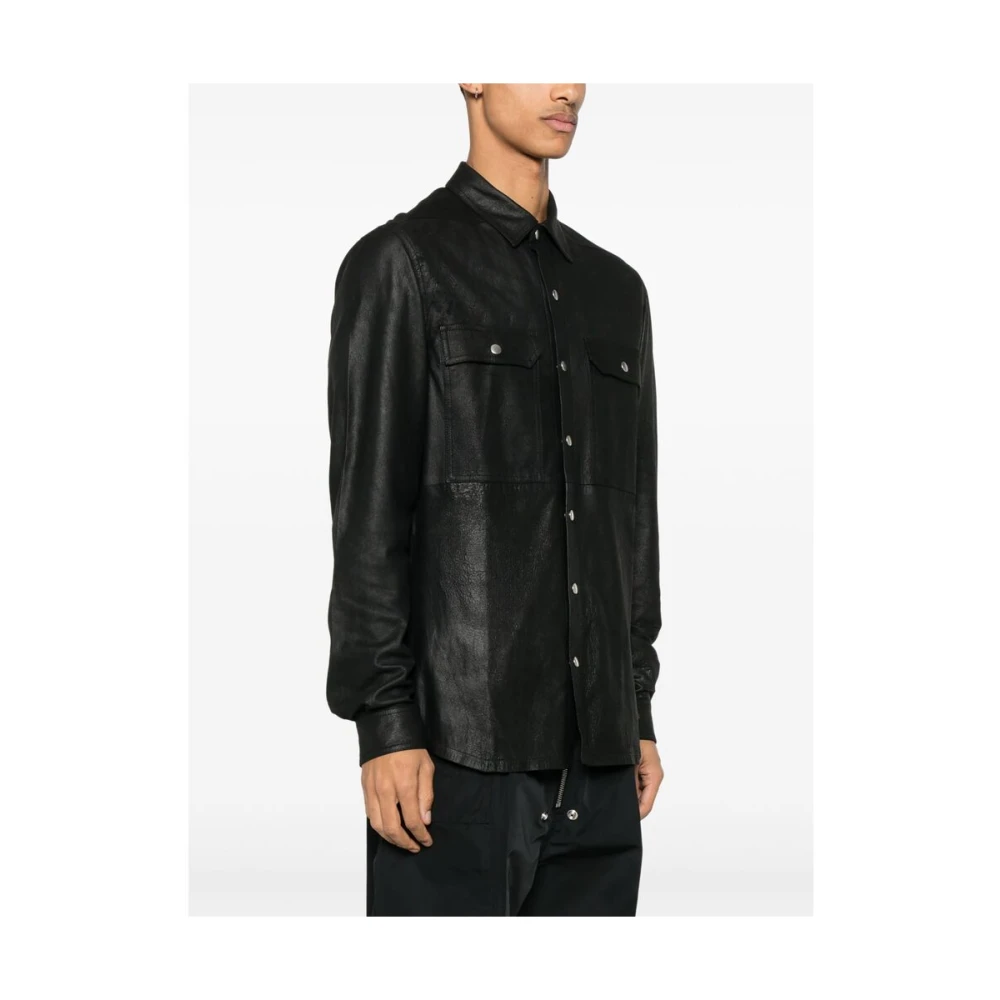 Rick Owens Zwarte leren bovenkleding met drukknoopsluiting Black Heren