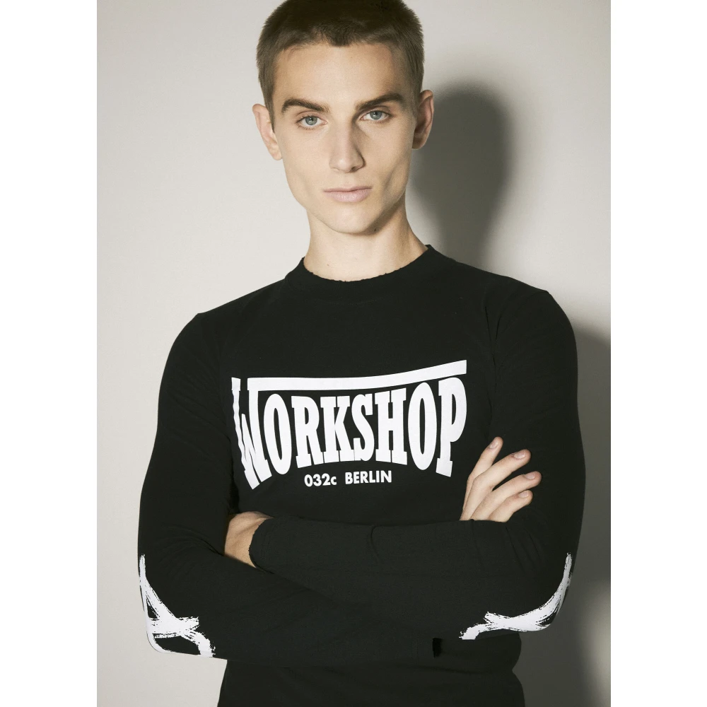 032c Grafische Print Lange Mouw Katoenen T-shirt Black Heren