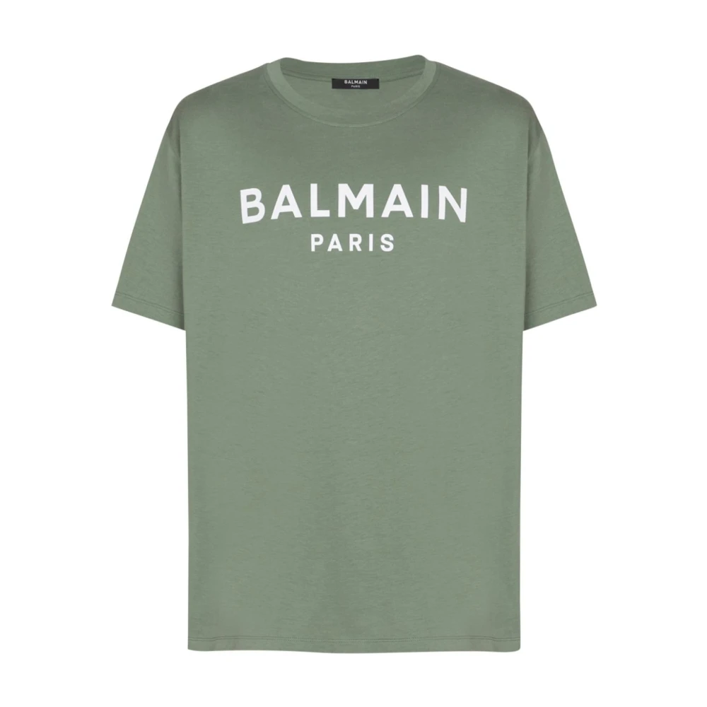 Balmain Groen Katoen Logo Print Ronde Hals Green Heren