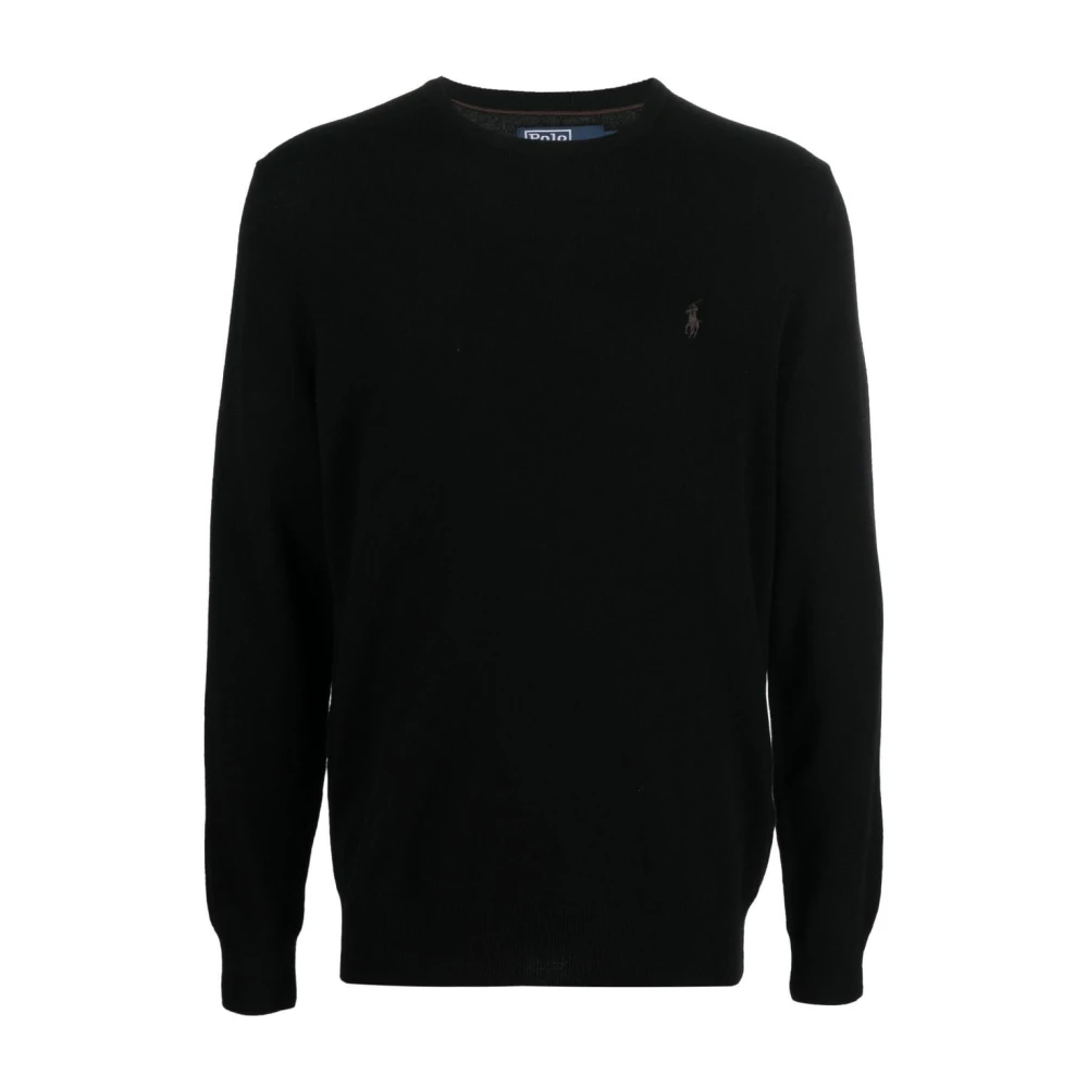 Polo Ralph Lauren Men's Black Round-Neck Knitwear, Xl, Wool Jumper With Embroidered Logo